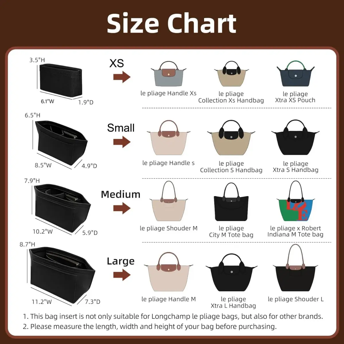 Doxo Felt Purse Organizer Insert for Longchamp Le Pliage Large Bag, Black | 27.4cm x 18.5cm x 22.1cm - view 2