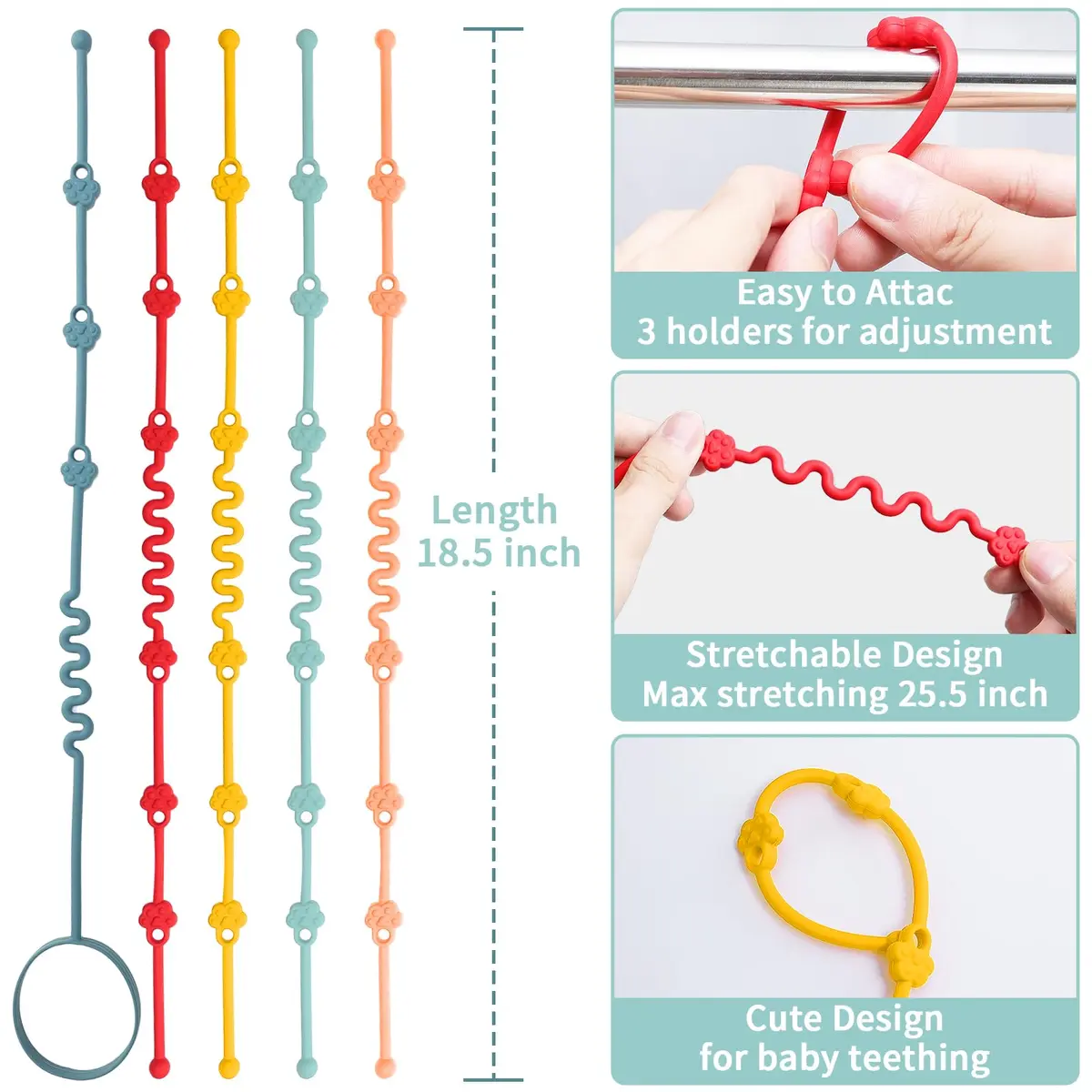 Yunaeduo Silicone Toy Straps for Baby, Toy Safety Straps for Stroller High Chair - BPA Free (Red Yellow Orange) | Adjustable Design - view 2
