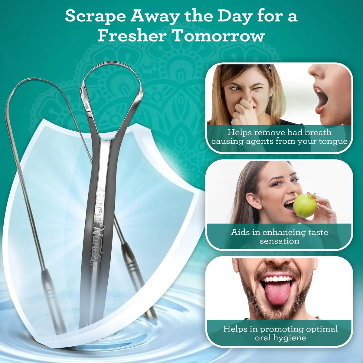GuruNanda Stainless Steel Tongue & U-Shaped Scraper Pack (2 Pack) with Travel Case | Promotes Fresh Breath & Oral Hygiene - view 4