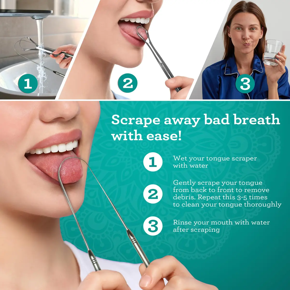 GuruNanda Stainless Steel Tongue & U-Shaped Scraper Pack (2 Pack) with Travel Case | Promotes Fresh Breath & Oral Hygiene - view 5
