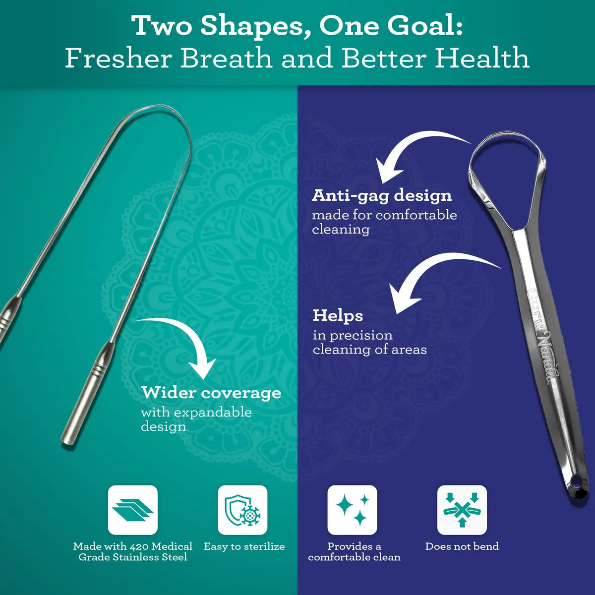 GuruNanda Stainless Steel Tongue & U-Shaped Scraper Pack (2 Pack) with Travel Case | Promotes Fresh Breath & Oral Hygiene - view 2