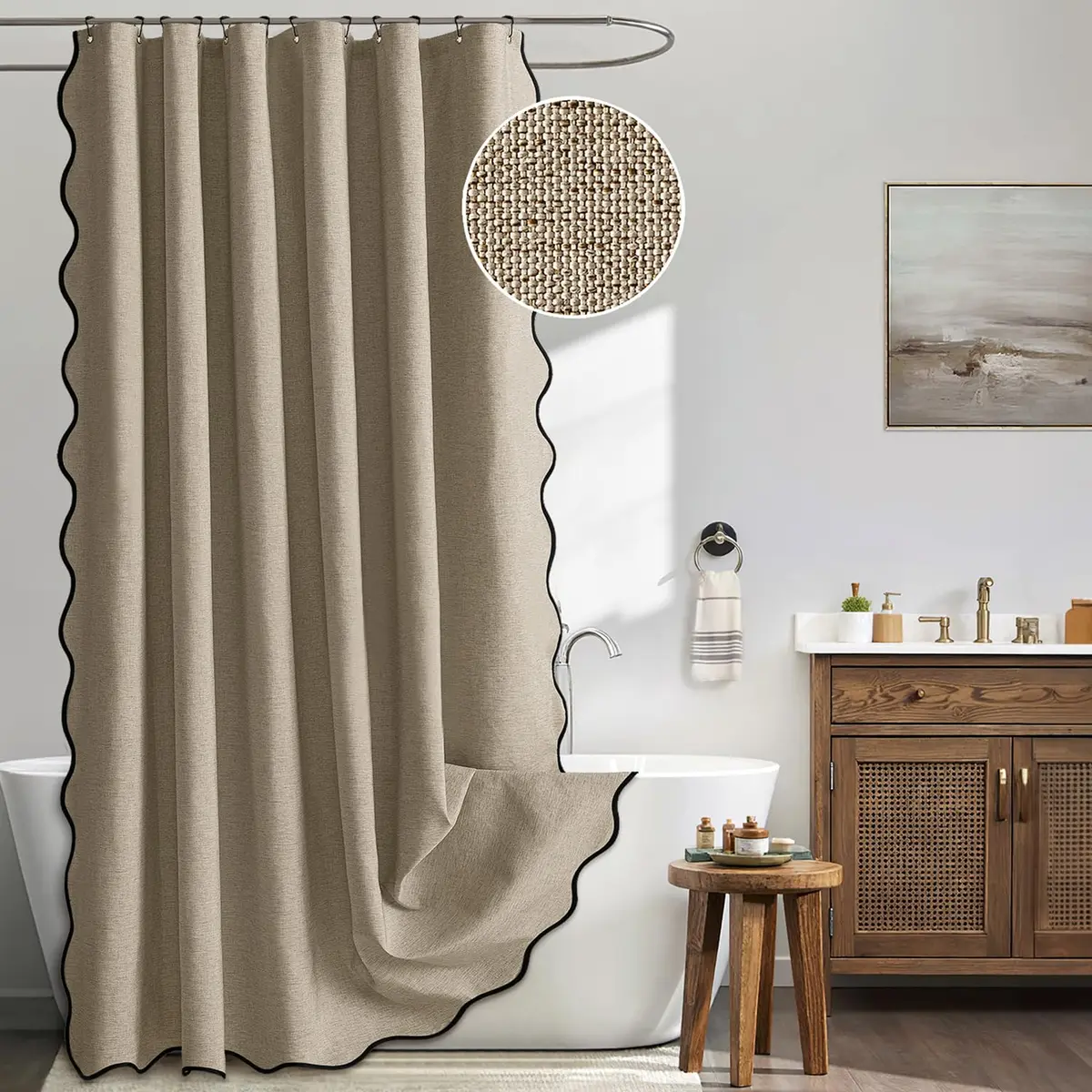 MIULEE 72"x84" Extra Long Scalloped Linen Shower Curtain Khaki | Waterproof & Elegant Bathroom Decor - main product image