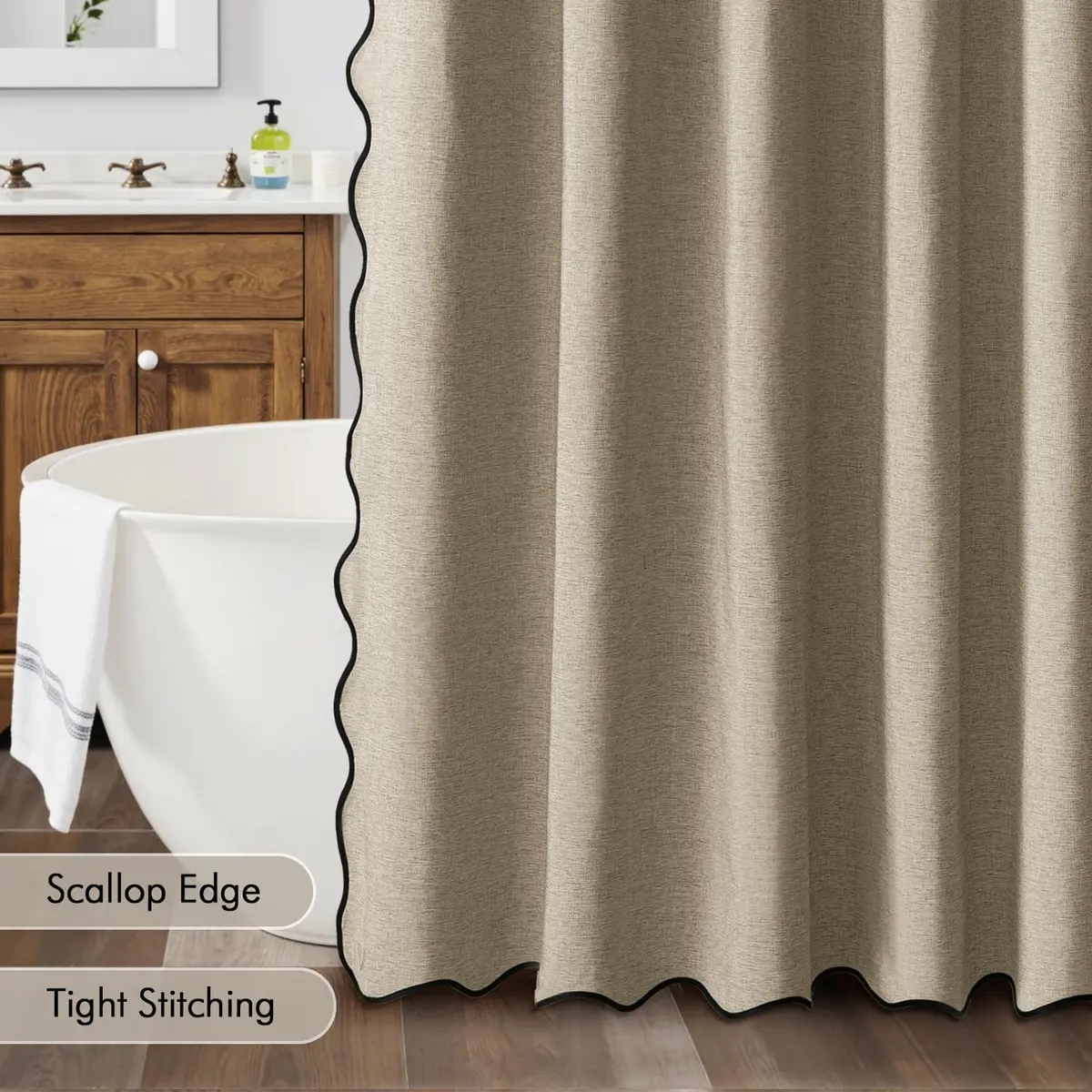 MIULEE 72"x84" Extra Long Scalloped Linen Shower Curtain Khaki | Waterproof & Elegant Bathroom Decor - view 5