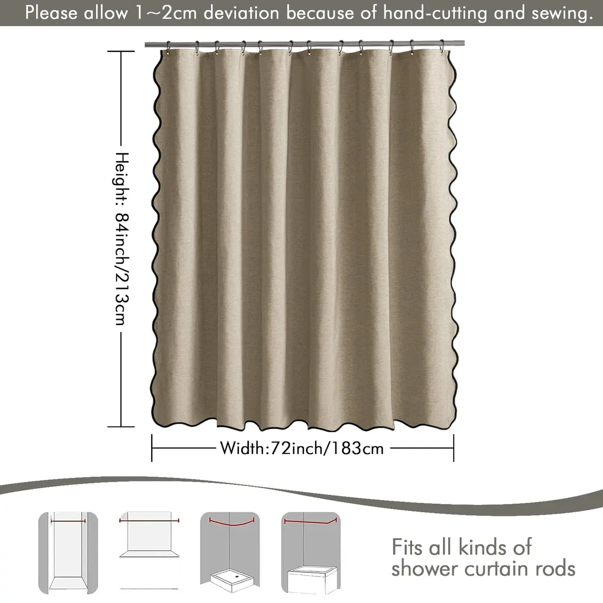 MIULEE 72"x84" Extra Long Scalloped Linen Shower Curtain Khaki | Waterproof & Elegant Bathroom Decor - view 6