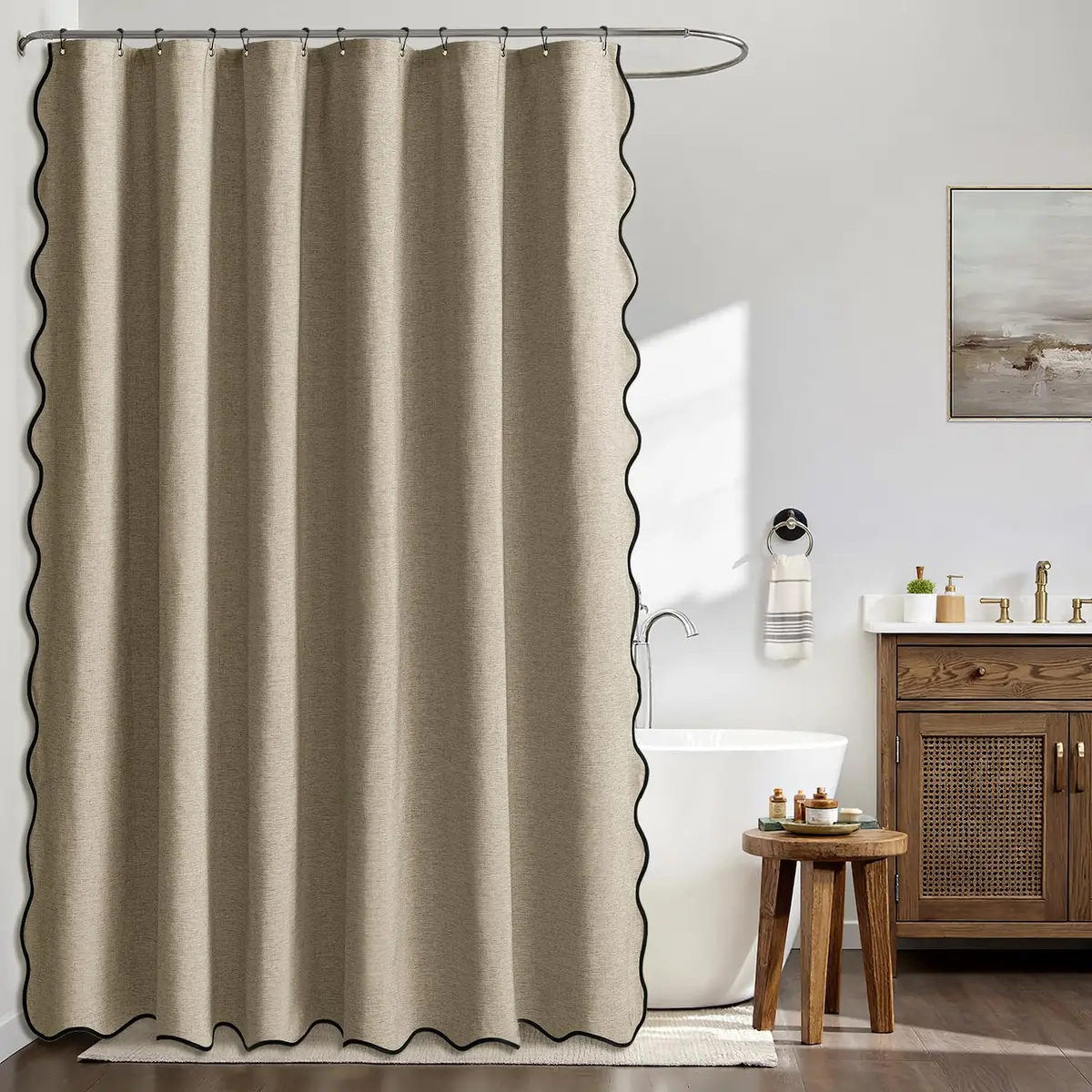 MIULEE 72"x84" Extra Long Scalloped Linen Shower Curtain Khaki | Waterproof & Elegant Bathroom Decor - view 2