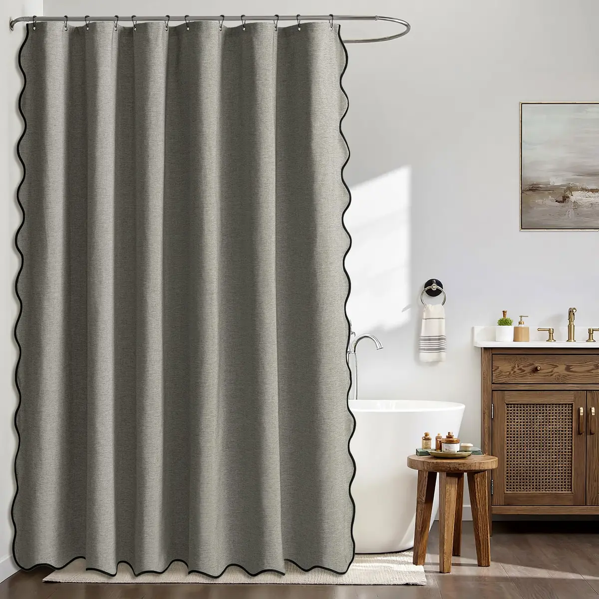 MIULEE 72"x84" Extra Long Scalloped Linen Shower Curtain Grey | Waterproof, Elegant Bathroom Decor - view 2