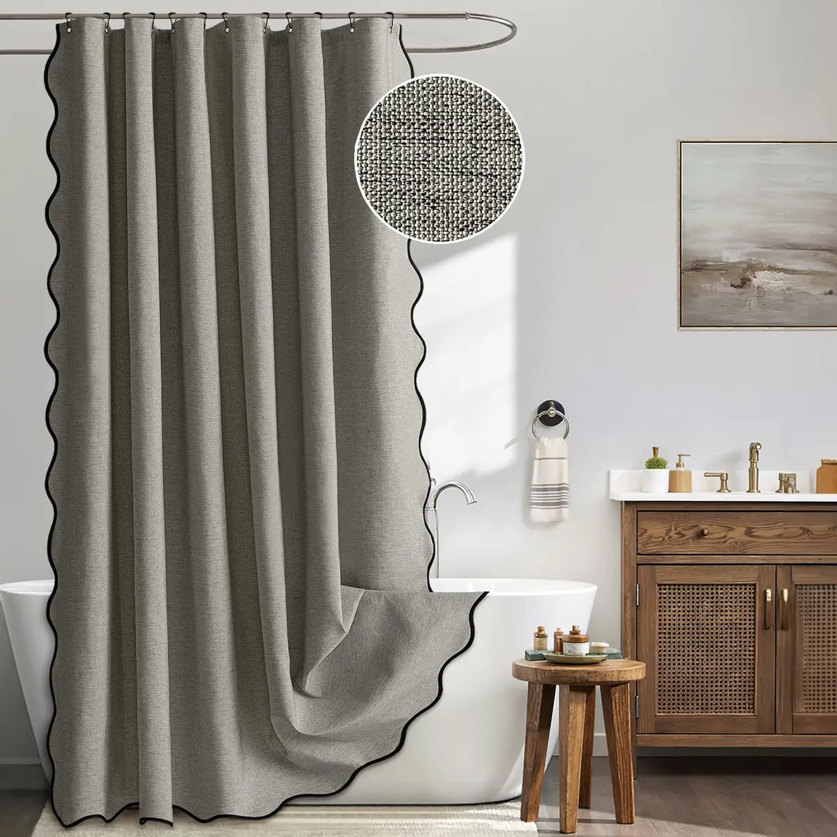 MIULEE Grey Scalloped Linen Shower Curtain 72x72 Inches | Waterproof & Elegant - main product image