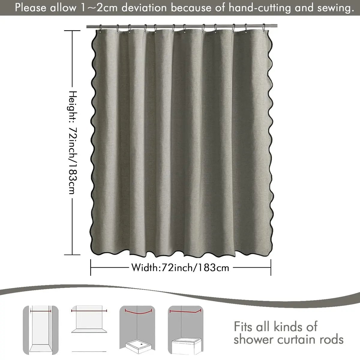MIULEE Grey Scalloped Linen Shower Curtain 72x72 Inches | Waterproof & Elegant - view 6