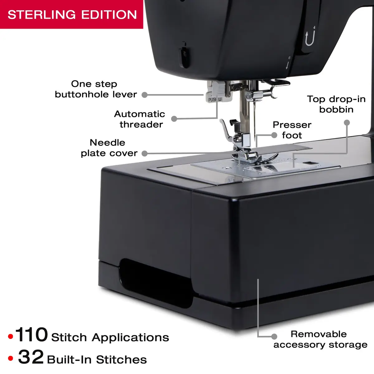 SINGER 4432 Sterling Heavy Duty Sewing Machine 15.5"D x 6.25"W x 12"H | 32 Stitches, Rugged Power - view 3