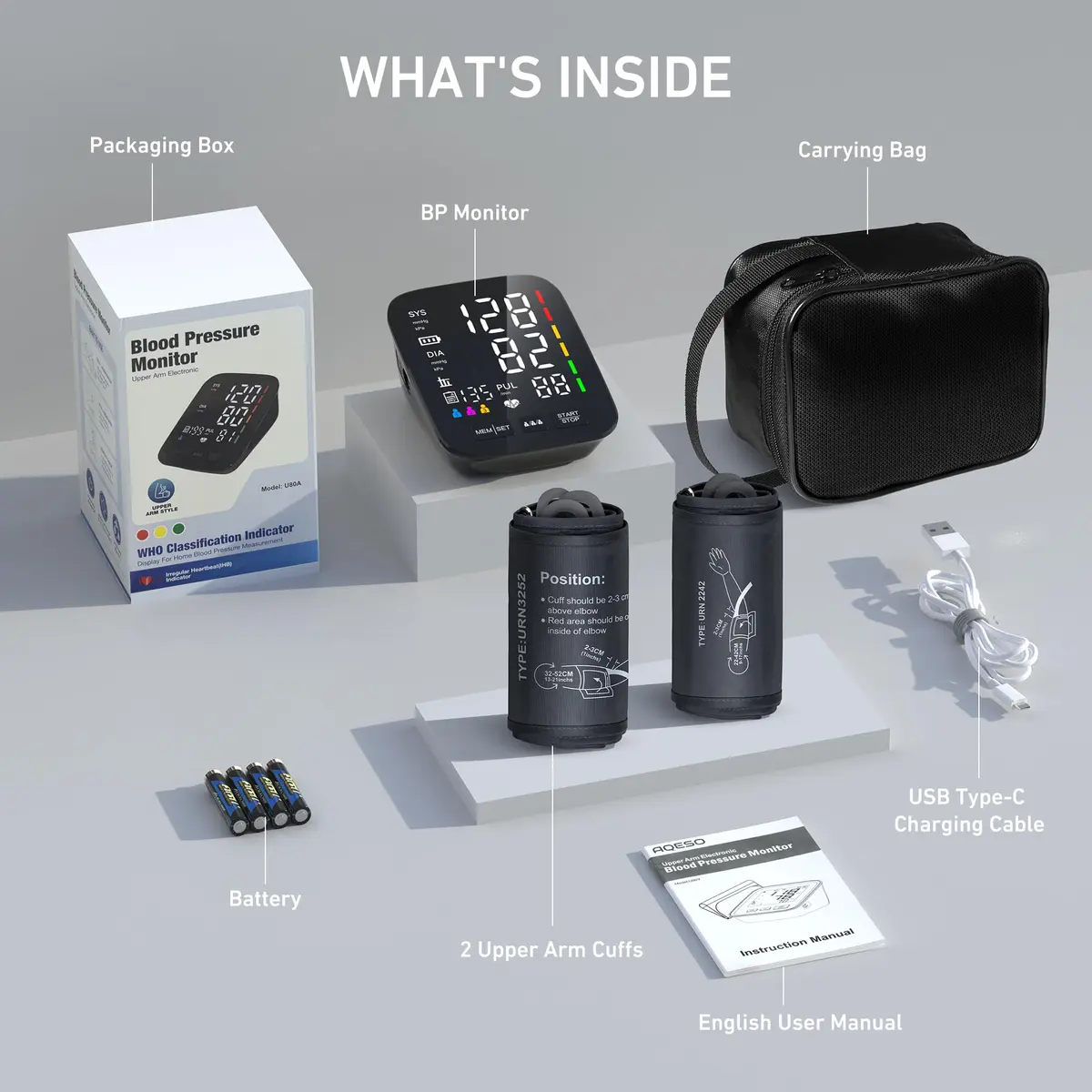 AQESO Automatic Upper Arm Blood Pressure Monitor U80A with 2 Size Cuffs (9"-17" & 13"-21") | Accurate Digital BP Machine with 5" LED Display - view 7