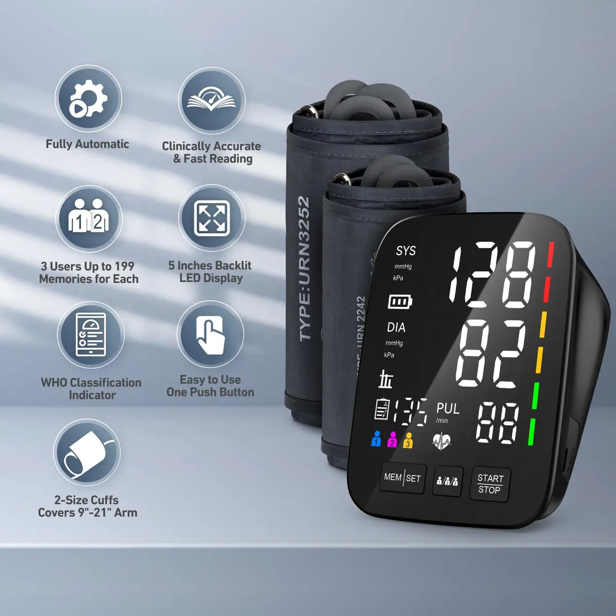AQESO Automatic Upper Arm Blood Pressure Monitor U80A with 2 Size Cuffs (9"-17" & 13"-21") | Accurate Digital BP Machine with 5" LED Display - view 2