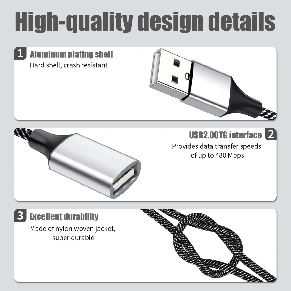 Fidioto 2-Pack USB-A Y Splitter Cable, 1 Male to 2 Female, 10-inch (25cm) - For Data & Charging - view 3