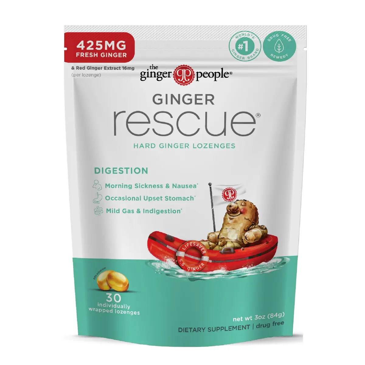 The Ginger People Ginger Rescue Digestive Lozenges 30ct | Natural Nausea Relief, Drug-Free, Vegan (70-120 chars) - main product image