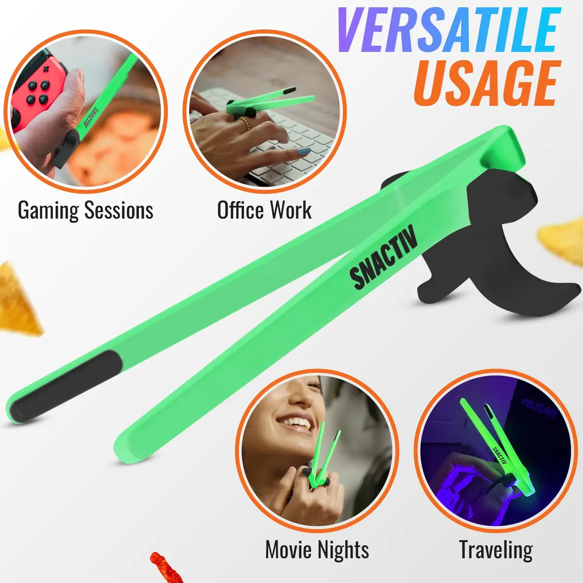 SNACTIV PRO Finger Chopsticks for Gamers - Glow in the Dark, 1 Piece | Mess-Free Snacking Solution - view 6