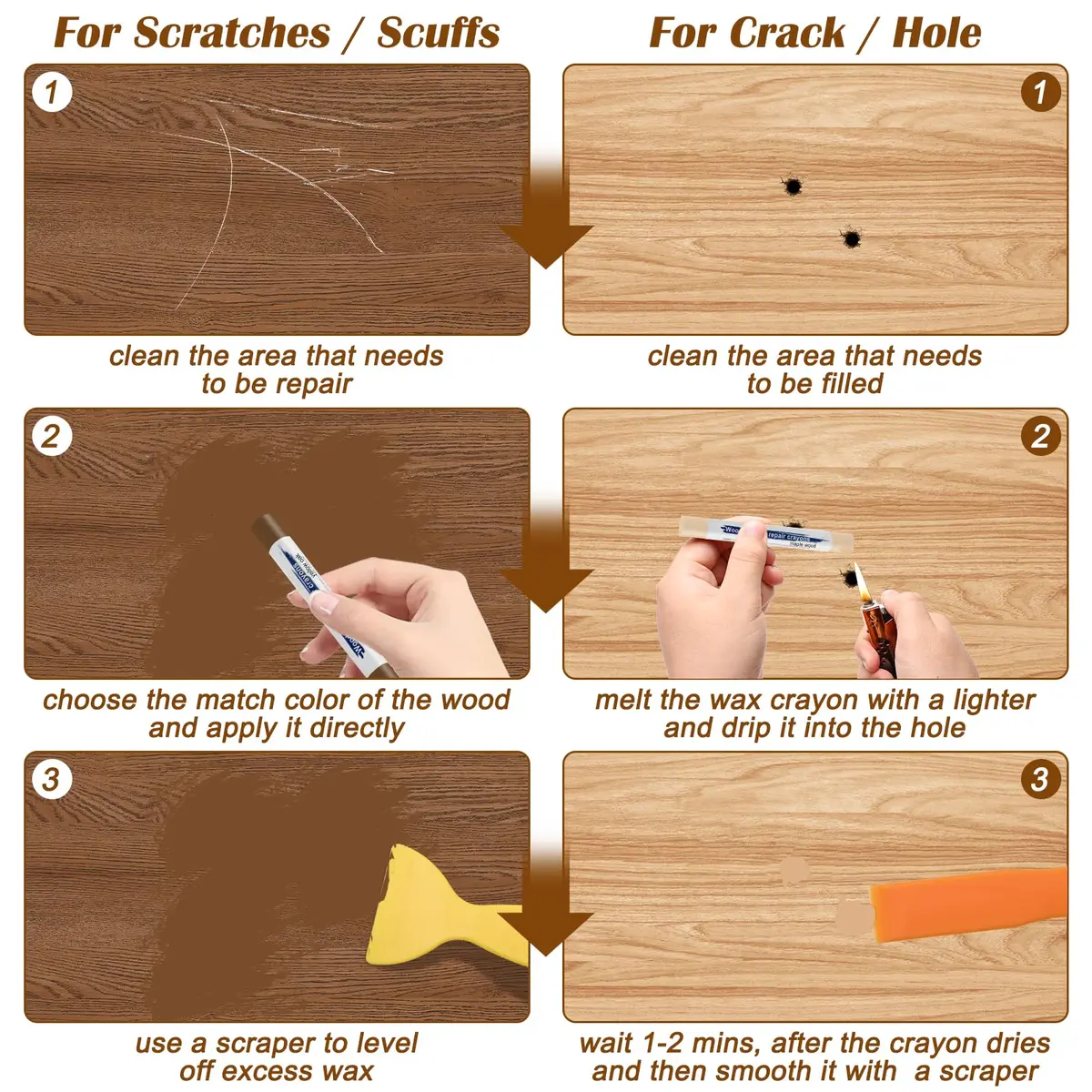 Windspeed Wood Filler Sticks with Scrapers - 20 Colors - Furniture Repair Kit for Cabinets, Floors, Baseboards - view 7