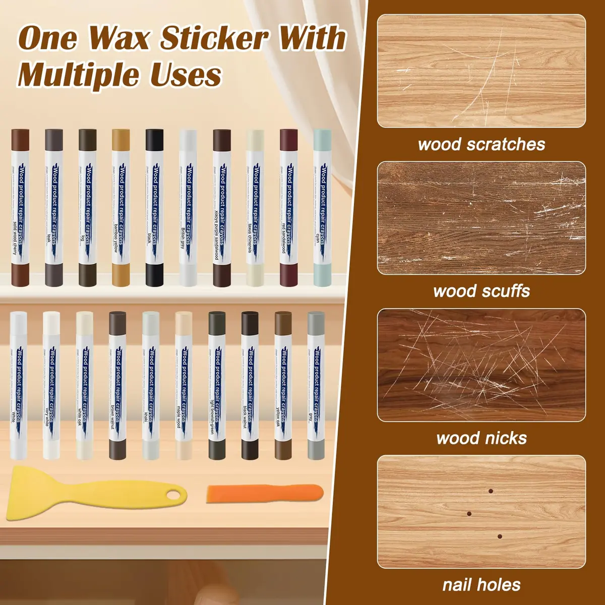 Windspeed Wood Filler Sticks with Scrapers - 20 Colors - Furniture Repair Kit for Cabinets, Floors, Baseboards - view 4
