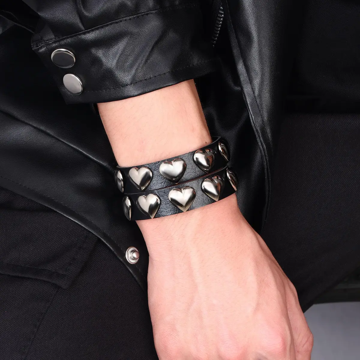 Mafnee Punk Goth Bracelet for Man Women Leather Spike Rivet Metal Studded Wristband Black | Punk, Gothic, Rock Style - view 5