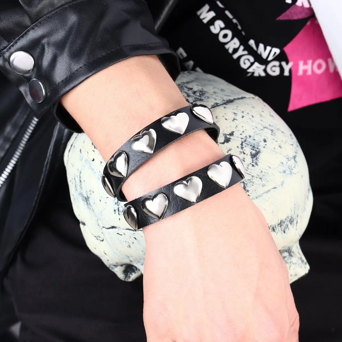 Mafnee Punk Goth Bracelet for Man Women Leather Spike Rivet Metal Studded Wristband Black | Punk, Gothic, Rock Style - view 4