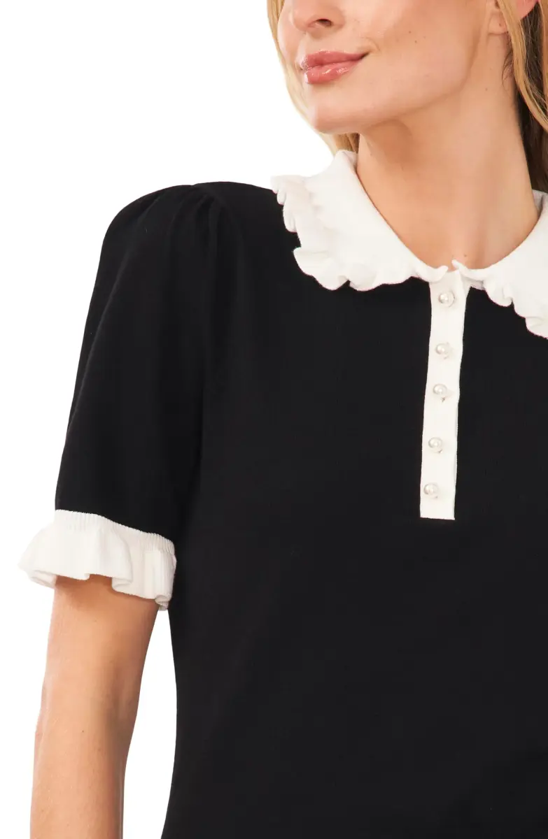 CeCe Short Sleeve Contrast Collar Polo Sweater Large Rich Black | Contemporary Fit - view 2