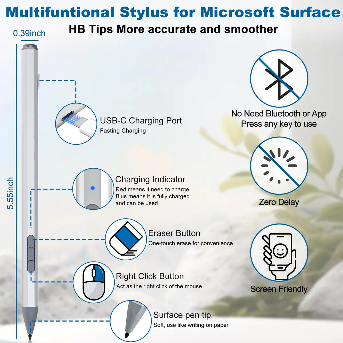 Arsandyn Surface Stylus Pen for Pro/Go Devices, Compatible with Windows 11/10/8/7/6/5/4/3, 4096 Pressure Sensitivity | Aluminum - view 2