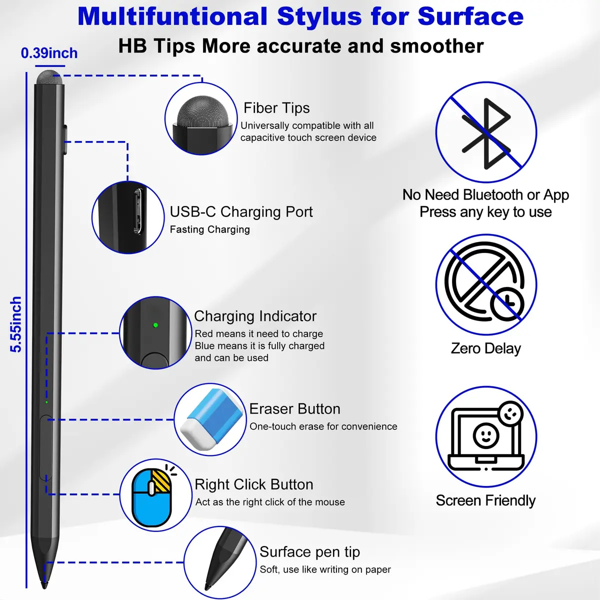 Arsandyn Surface Pen Stylus for Surface Pro 11/9/10/8/X/7/6/5/4/3, USB-C Fast Charge, 4096 Pressure Levels | Compatible with Surface Go/Laptop/Studio & Other Brands - view 2