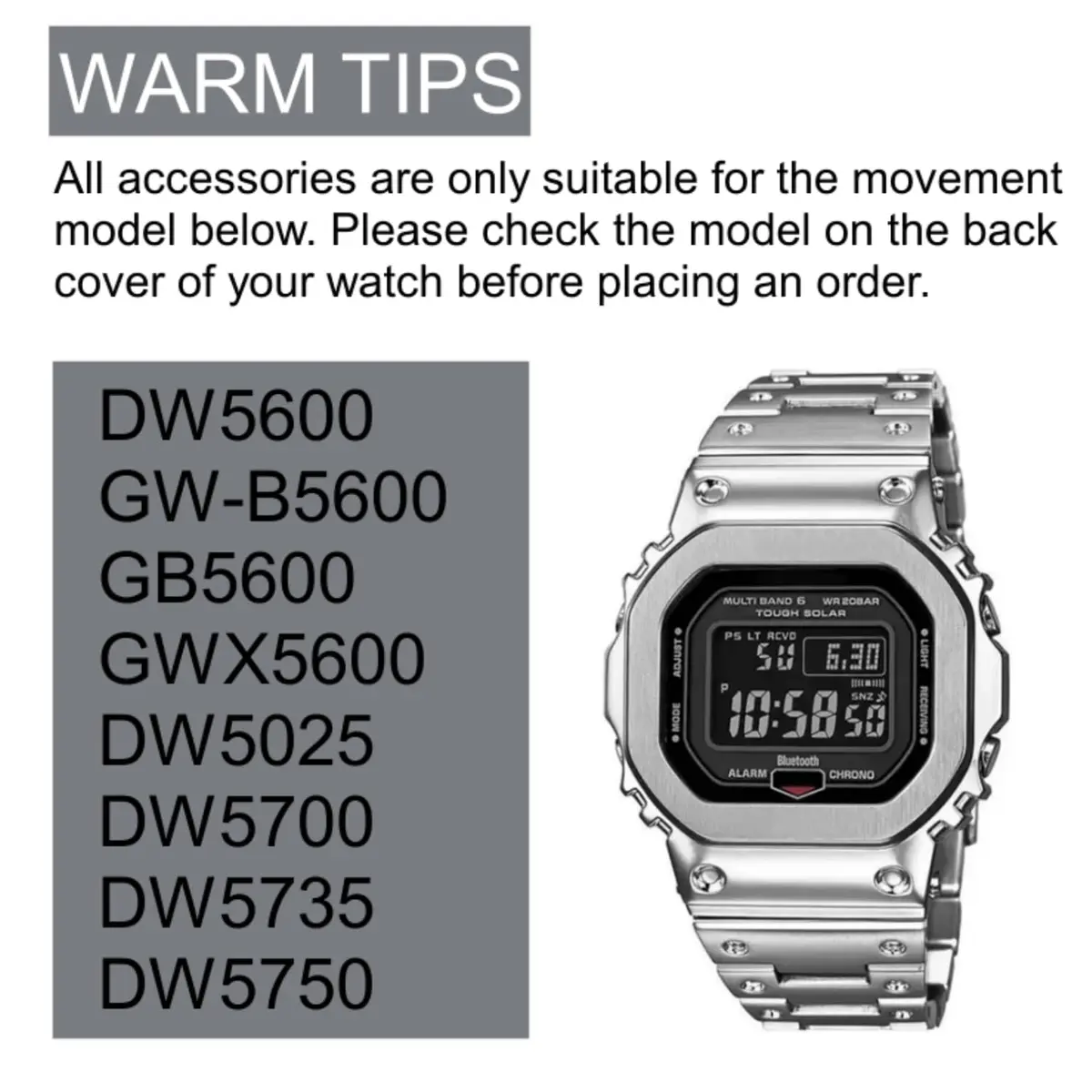BMT DW5600 Case Band Mod Kit | Stainless Steel Bezel Strap for Casio G-shock (Silver) - view 3