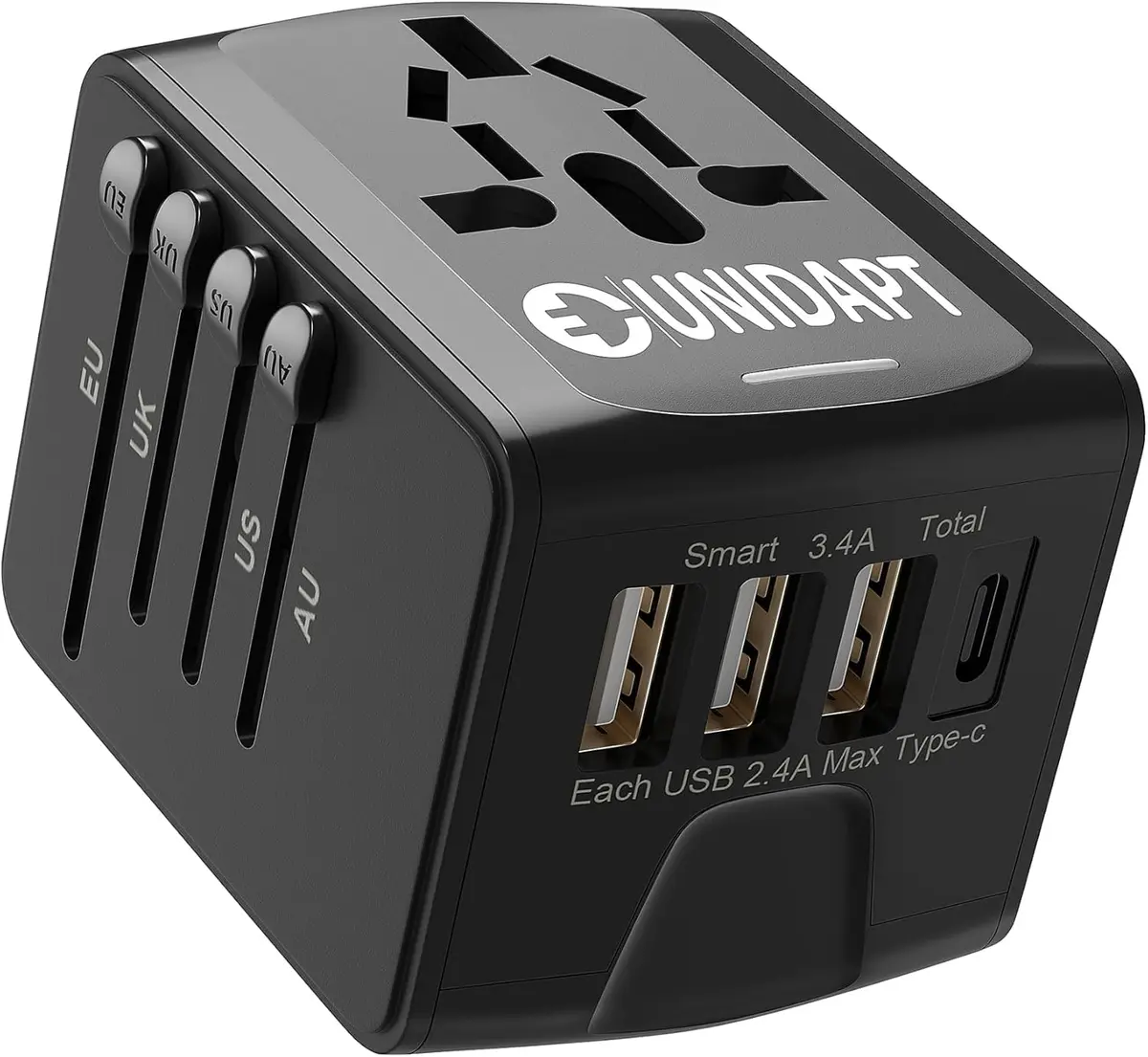 Unidapt Power Converter | Universal Travel Adapter with 3 USB-A & Type-C, 160+ Countries, Black - main product image