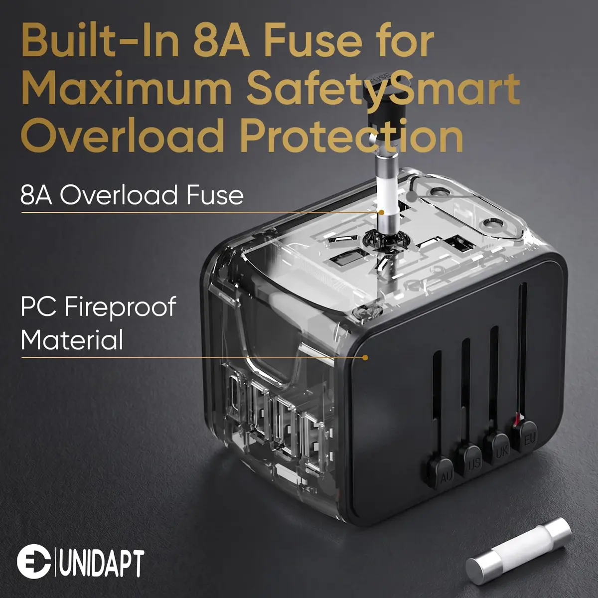 Unidapt Power Converter | Universal Travel Adapter with 3 USB-A & Type-C, 160+ Countries, Black - view 5