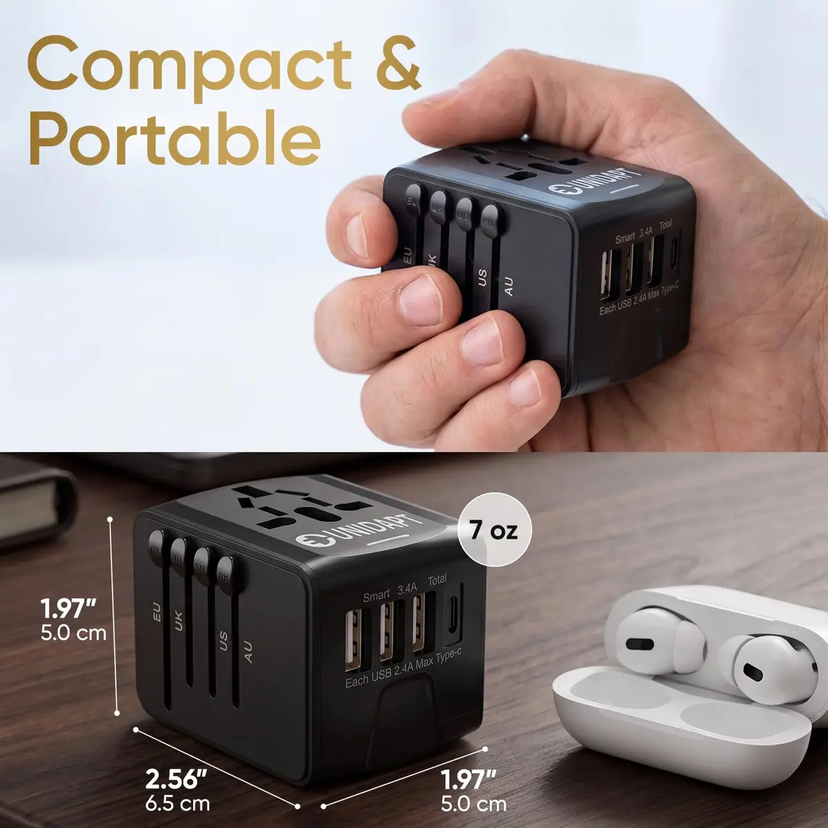 Unidapt Power Converter | Universal Travel Adapter with 3 USB-A & Type-C, 160+ Countries, Black - view 6