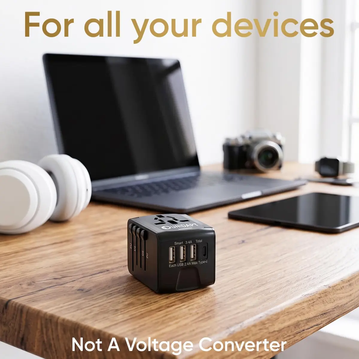 Unidapt Power Converter | Universal Travel Adapter with 3 USB-A & Type-C, 160+ Countries, Black - view 7