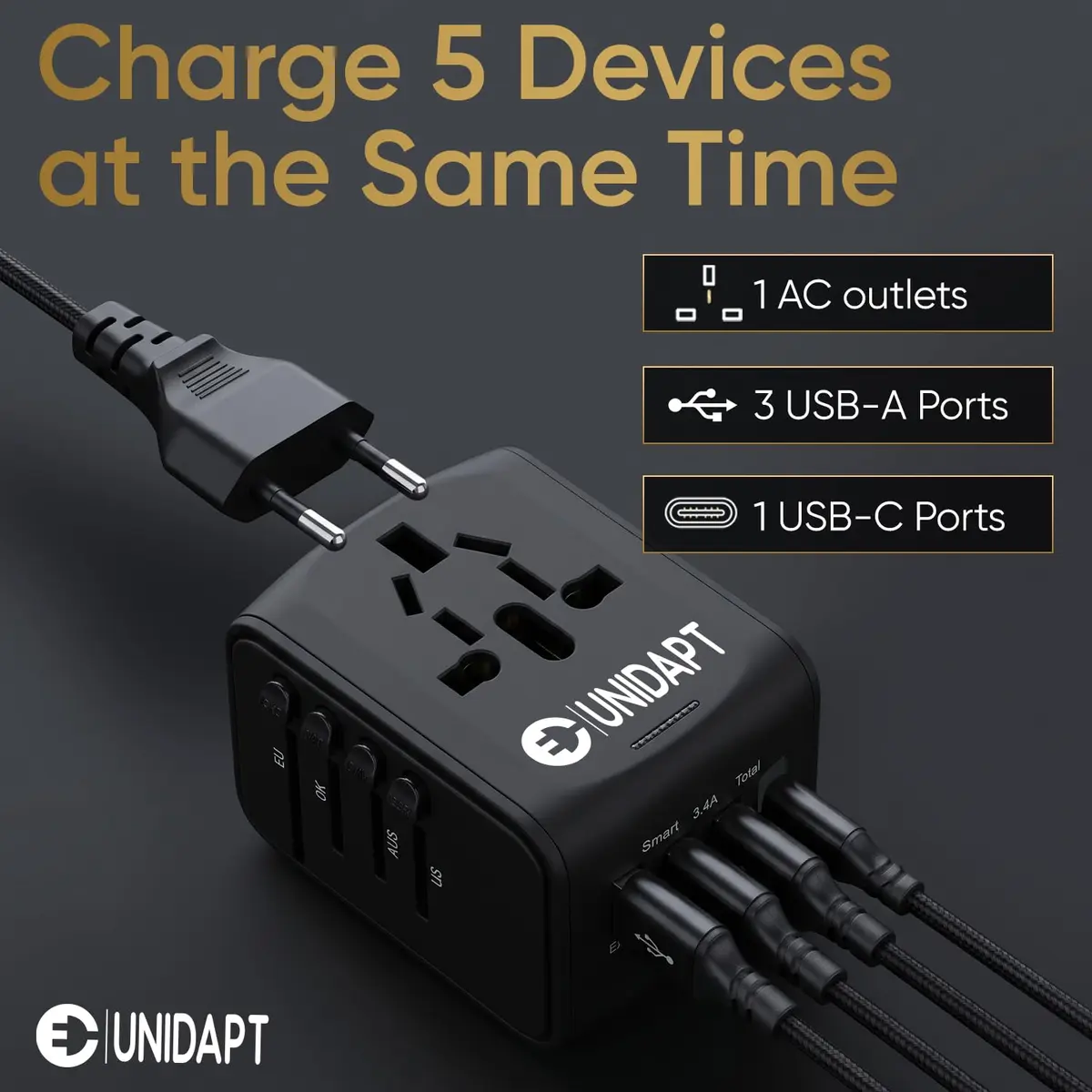 Unidapt Power Converter | Universal Travel Adapter with 3 USB-A & Type-C, 160+ Countries, Black - view 2