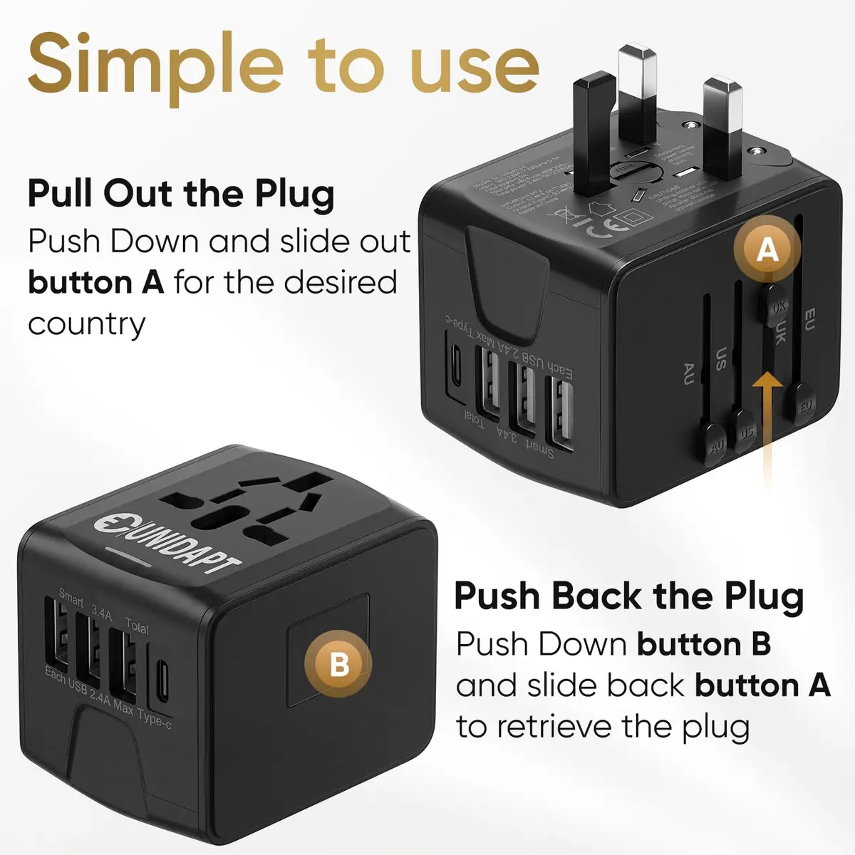 Unidapt Power Converter | Universal Travel Adapter with 3 USB-A & Type-C, 160+ Countries, Black - view 4