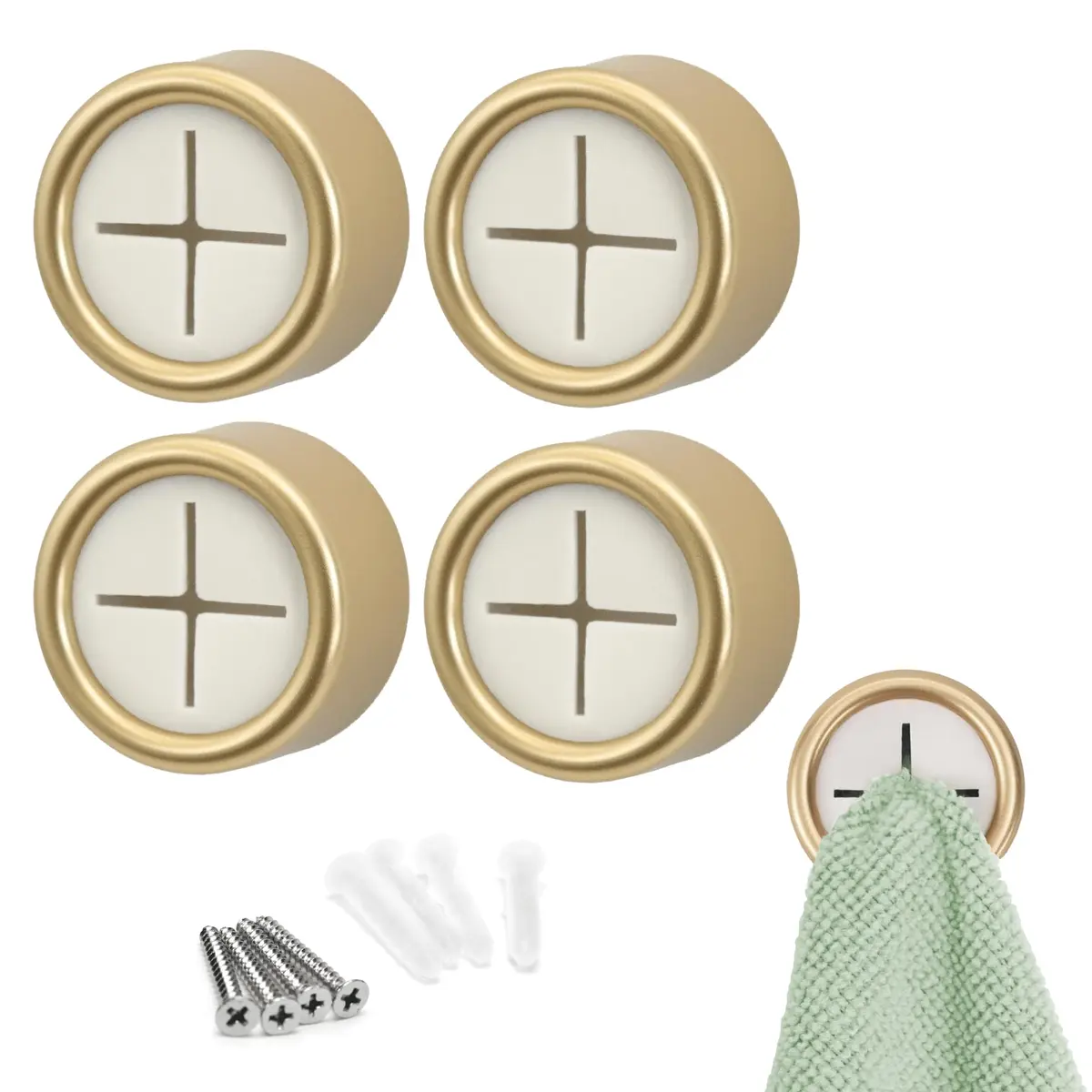 S&T INC. Adhesive Push Towel Hooks, 4 Pack, Brushed Gold | Modern Wall Mount for Kitchen & Bathroom - main product image