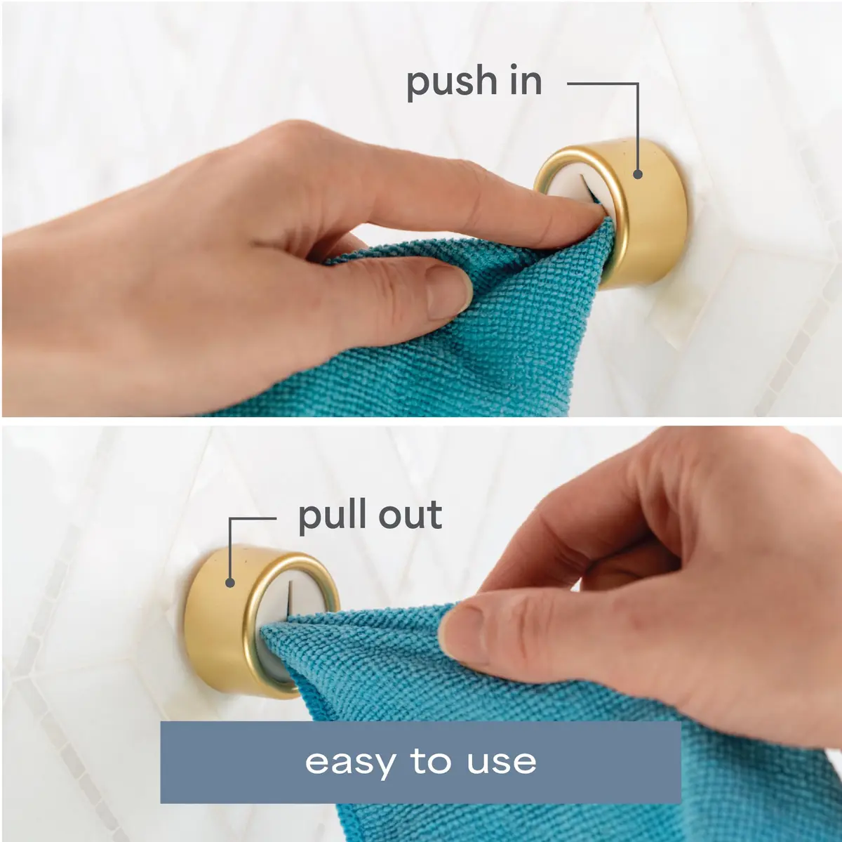 S&T INC. Adhesive Push Towel Hooks, 4 Pack, Brushed Gold | Modern Wall Mount for Kitchen & Bathroom - view 3