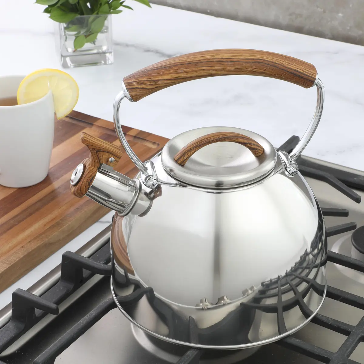 Mr. Coffee Fremont 2-Quart Stainless Steel Whistling Tea Kettle with Wood Handle | Durable Stove-Top Water Boiling - view 2