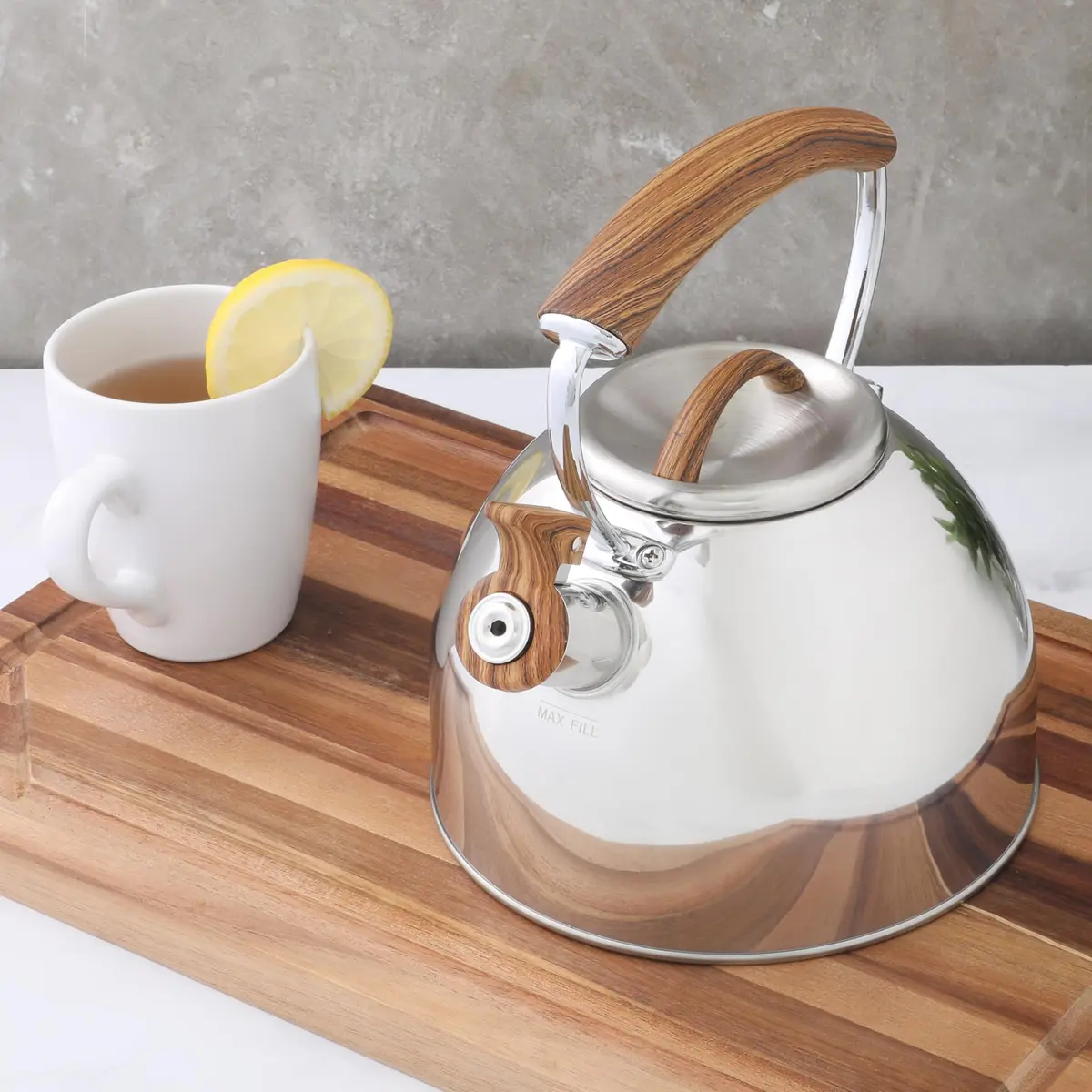 Mr. Coffee Fremont 2-Quart Stainless Steel Whistling Tea Kettle with Wood Handle | Durable Stove-Top Water Boiling - view 3