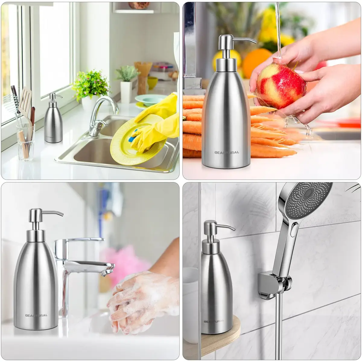 BEAUTURAL Matte Black Stainless Steel Soap Dispenser 447ml (15.2 Oz) | Rust-Proof Refillable Pump Bottle for Kitchen & Bathroom - view 6