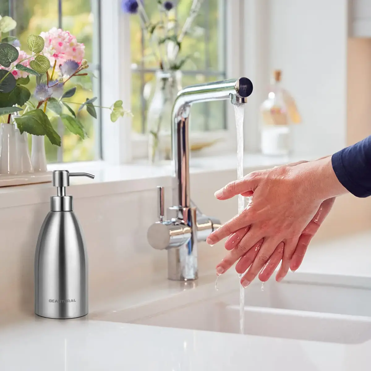 BEAUTURAL Matte Black Stainless Steel Soap Dispenser 447ml (15.2 Oz) | Rust-Proof Refillable Pump Bottle for Kitchen & Bathroom - view 7