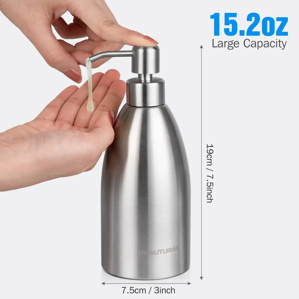 BEAUTURAL Matte Black Stainless Steel Soap Dispenser 447ml (15.2 Oz) | Rust-Proof Refillable Pump Bottle for Kitchen & Bathroom - view 4