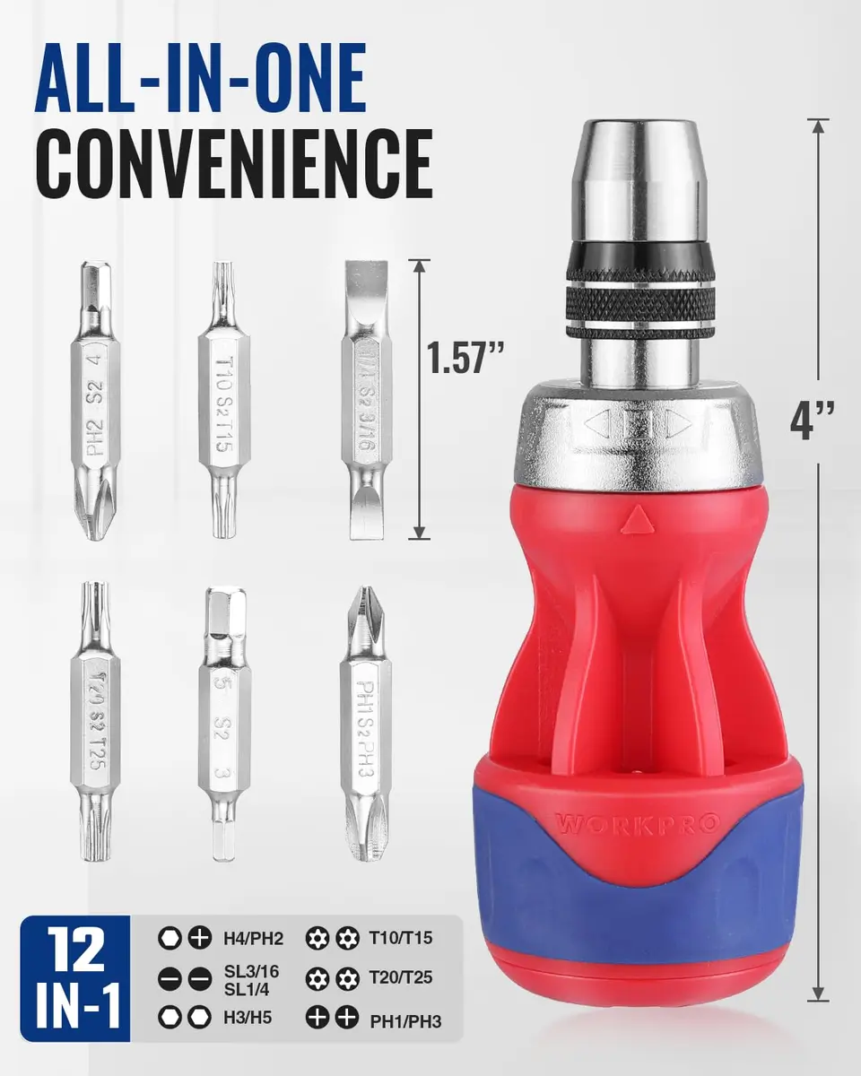 WORKPRO 12-in-1 Stubby Ratcheting Multi-bit Screwdriver | Compact, Magnetic, Premium S2 Steel, EDC - view 2