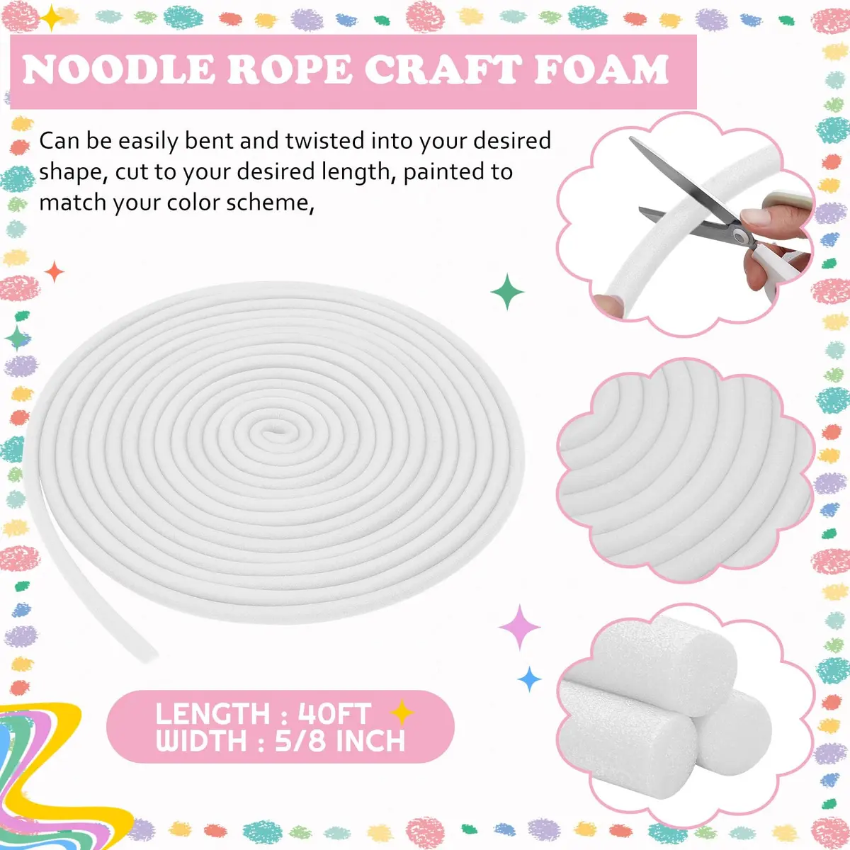 Frienda White Foam Noodles for Crafts, 5/8 Inch x 40 Ft, Flexible Foam Rods for DIY Projects - view 2