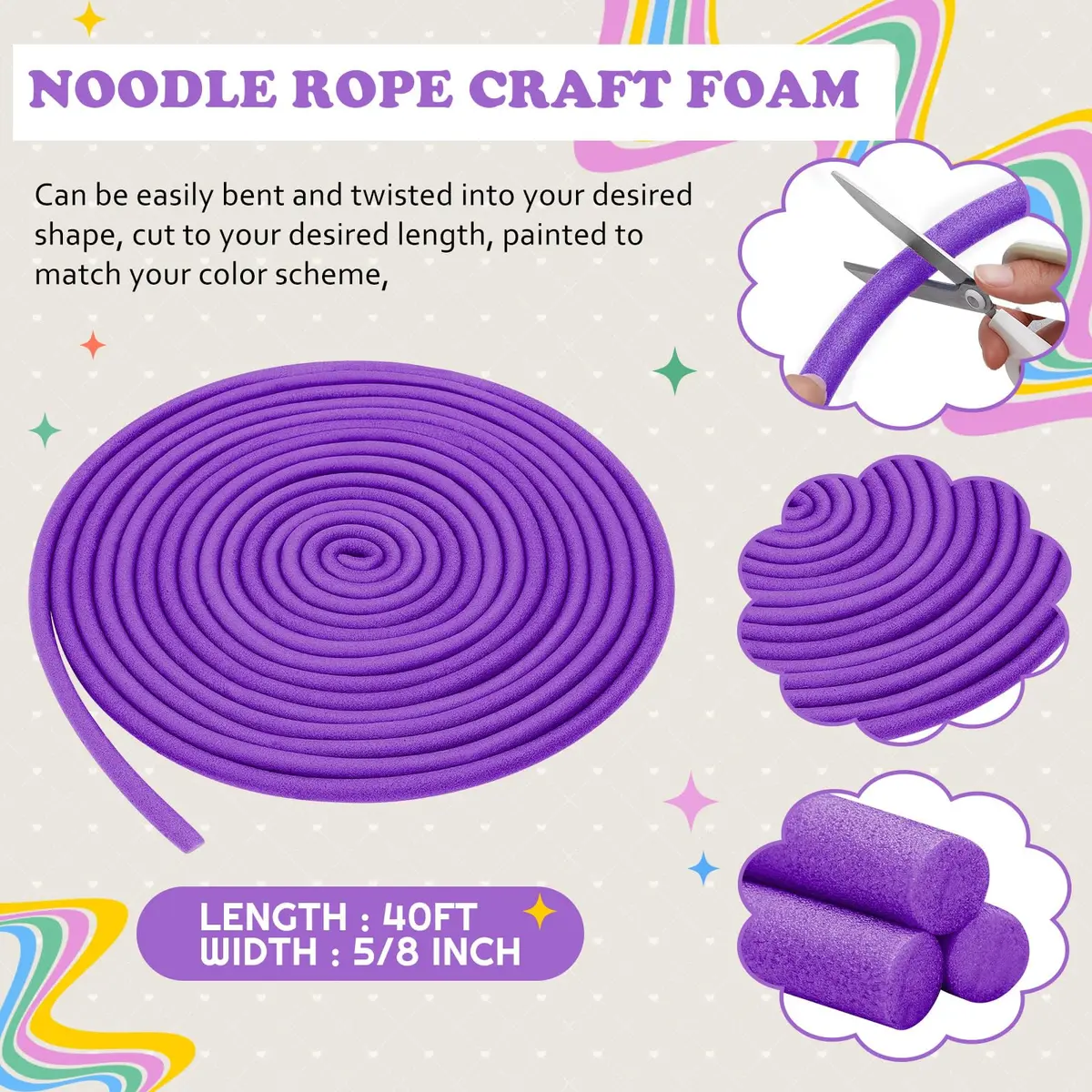 Frienda Foam Noodles 5/8 Inch x 40 Ft Light Purple | Versatile DIY Craft Foam - view 2