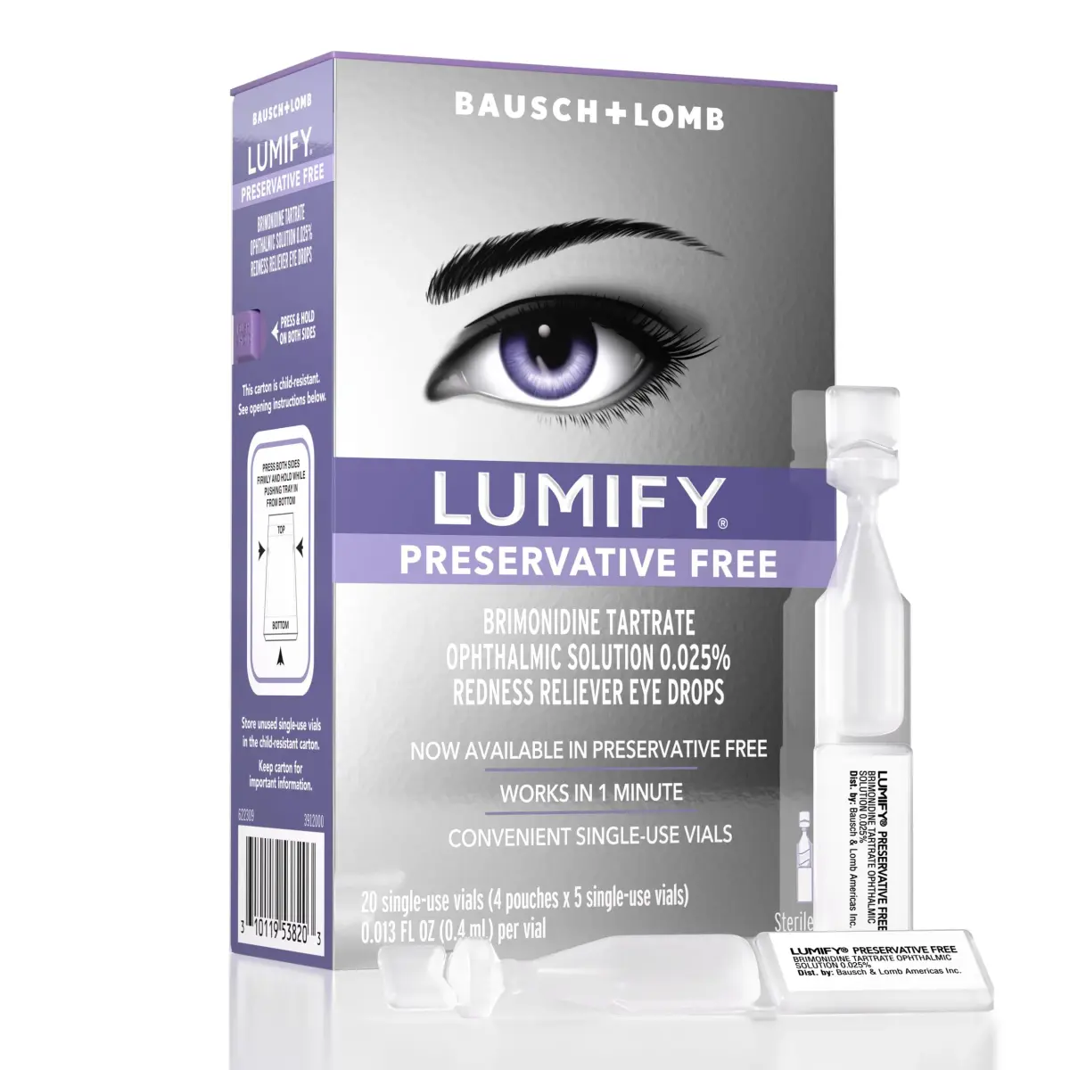 LUMIFY Preservative Free Eye Drops Redness Relief, Sensitive Eyes, 20 Single-Use Vials | Gentle & Effective Redness Relief - main product image