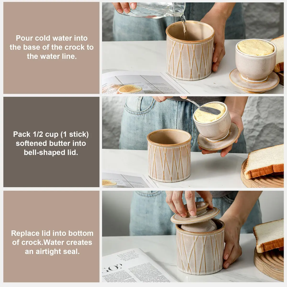 HVH Ceramic Butter Crock with Water Line | French Butter Dish for Countertop, 4x4 - view 3