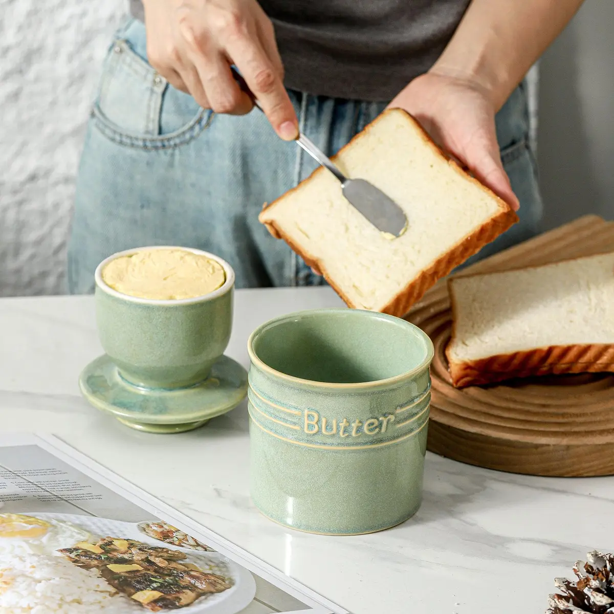 HVH Ceramic Butter Crock with Water Line | French Butter Dish for Countertop (4 x 4) - view 7