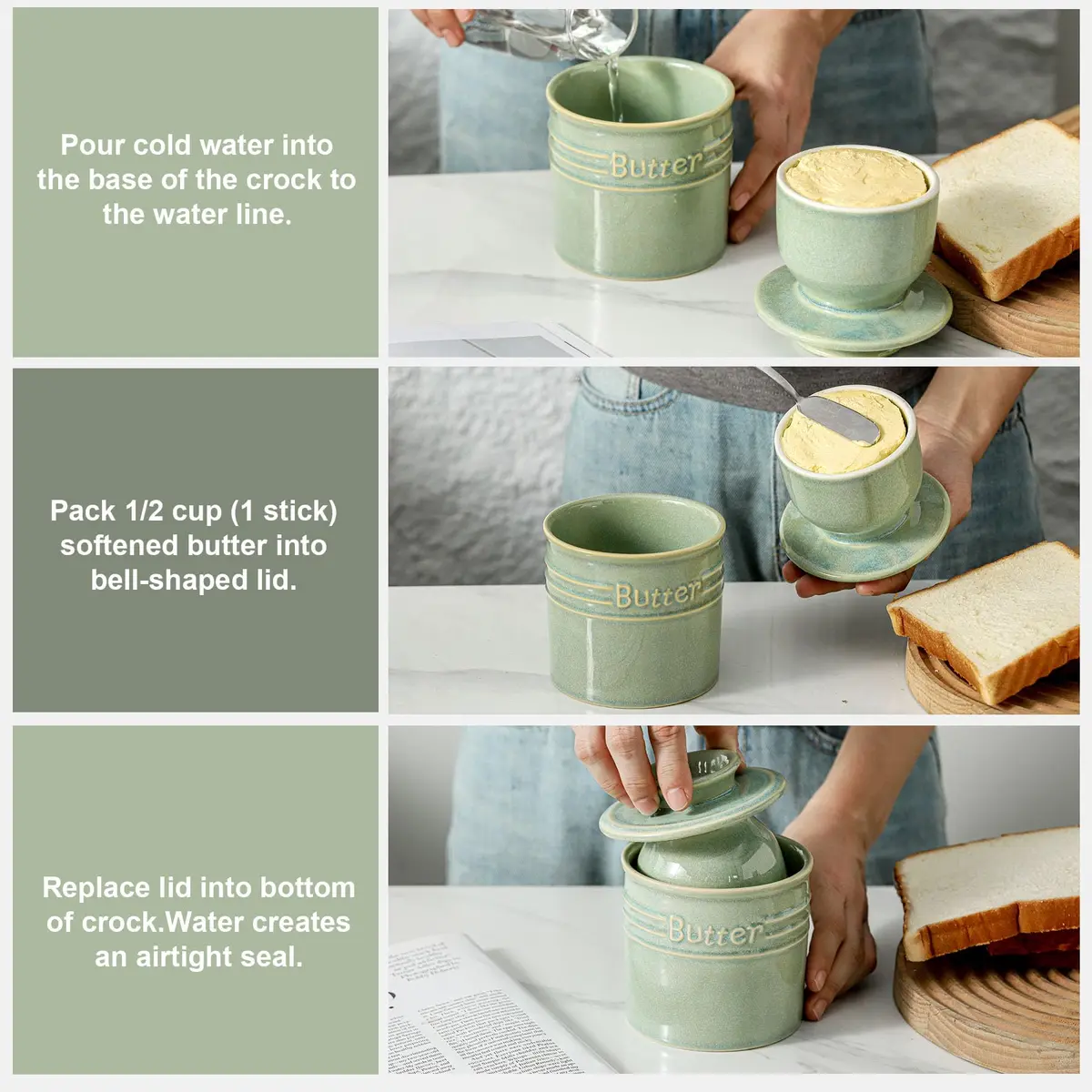 HVH Ceramic Butter Crock with Water Line | French Butter Dish for Countertop (4 x 4) - view 3