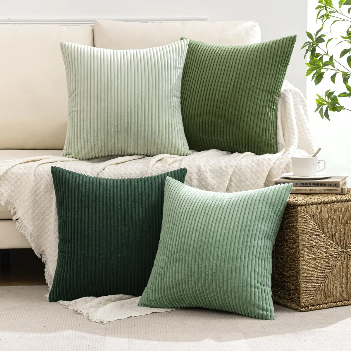 MIULEE Soft Corduroy Decorative Throw Pillow Covers Forest Green 16x16 Inch (Set of 4) | Boho Texture for Cozy Corners - view 2