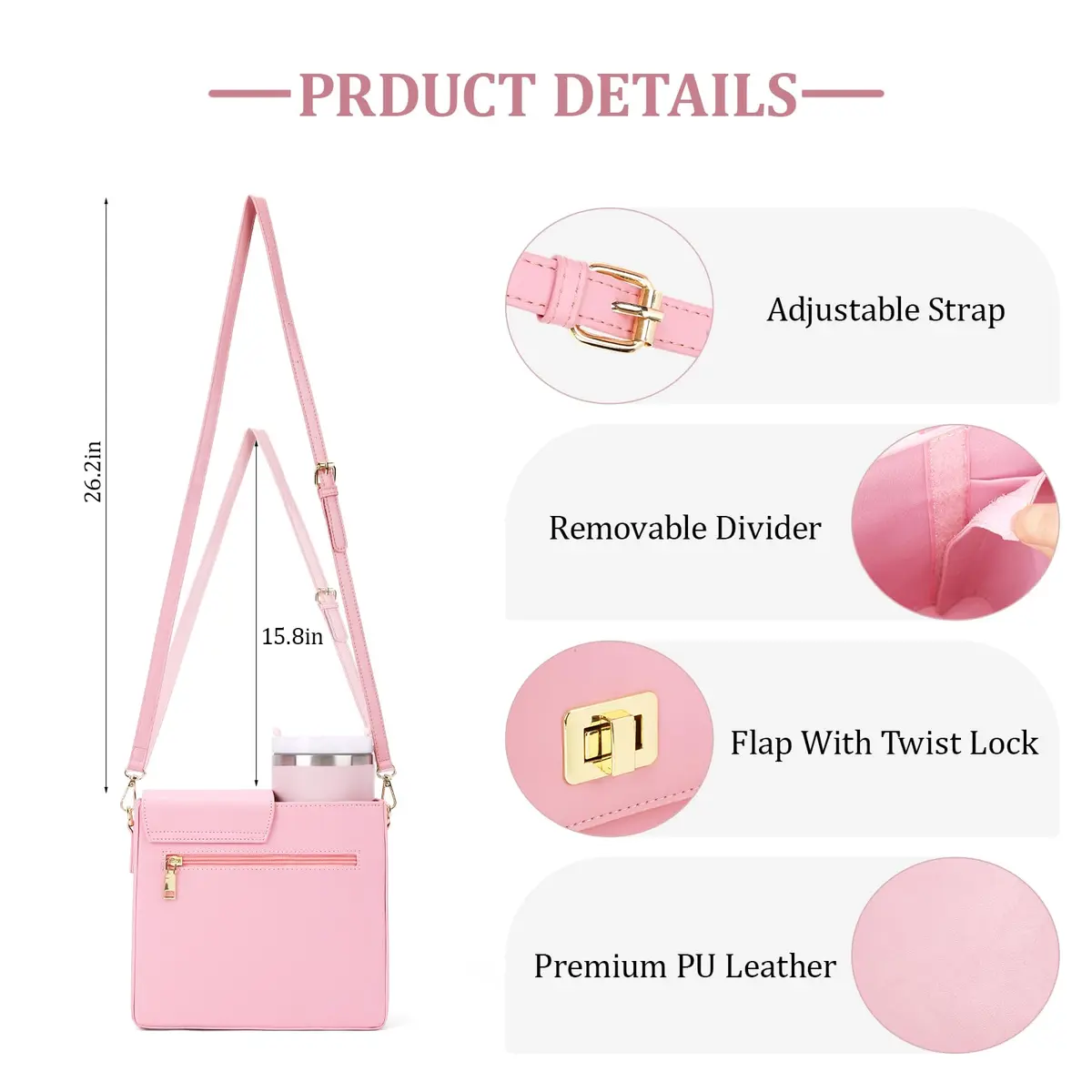 BBIQI Crossbody Water Bottle Purse for 40oz Tumbler | Adjustable Strap, Waterproof Faux Leather, Multi Pocket Storage - view 6