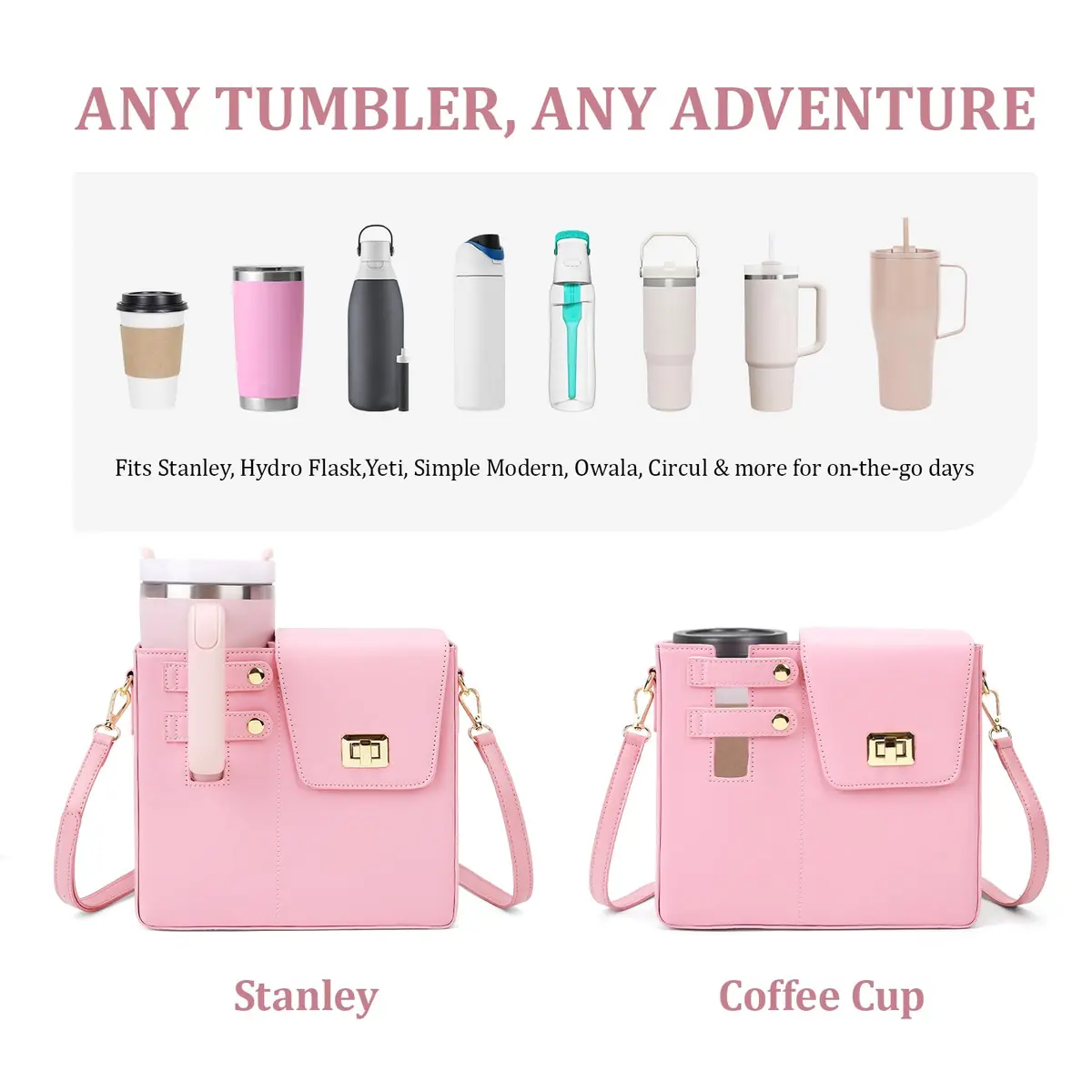BBIQI Crossbody Water Bottle Purse for 40oz Tumbler | Adjustable Strap, Waterproof Faux Leather, Multi Pocket Storage - view 3