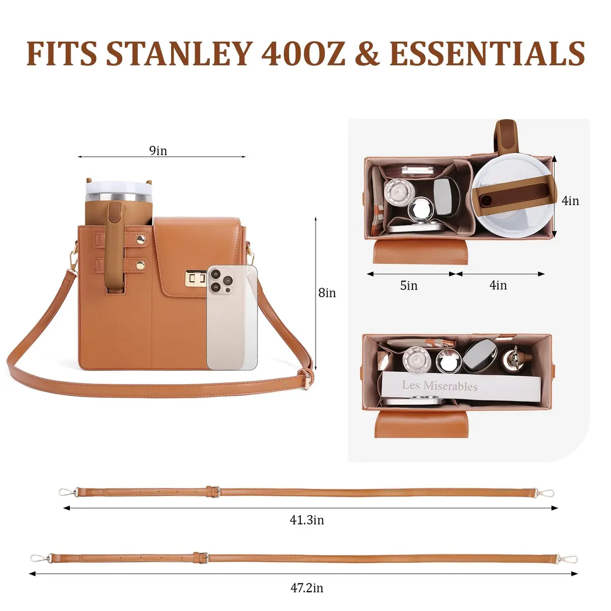 BBIQI Crossbody Water Bottle Purse for 40oz Tumbler Waterproof Faux Leather Adjustable Strap - view 5